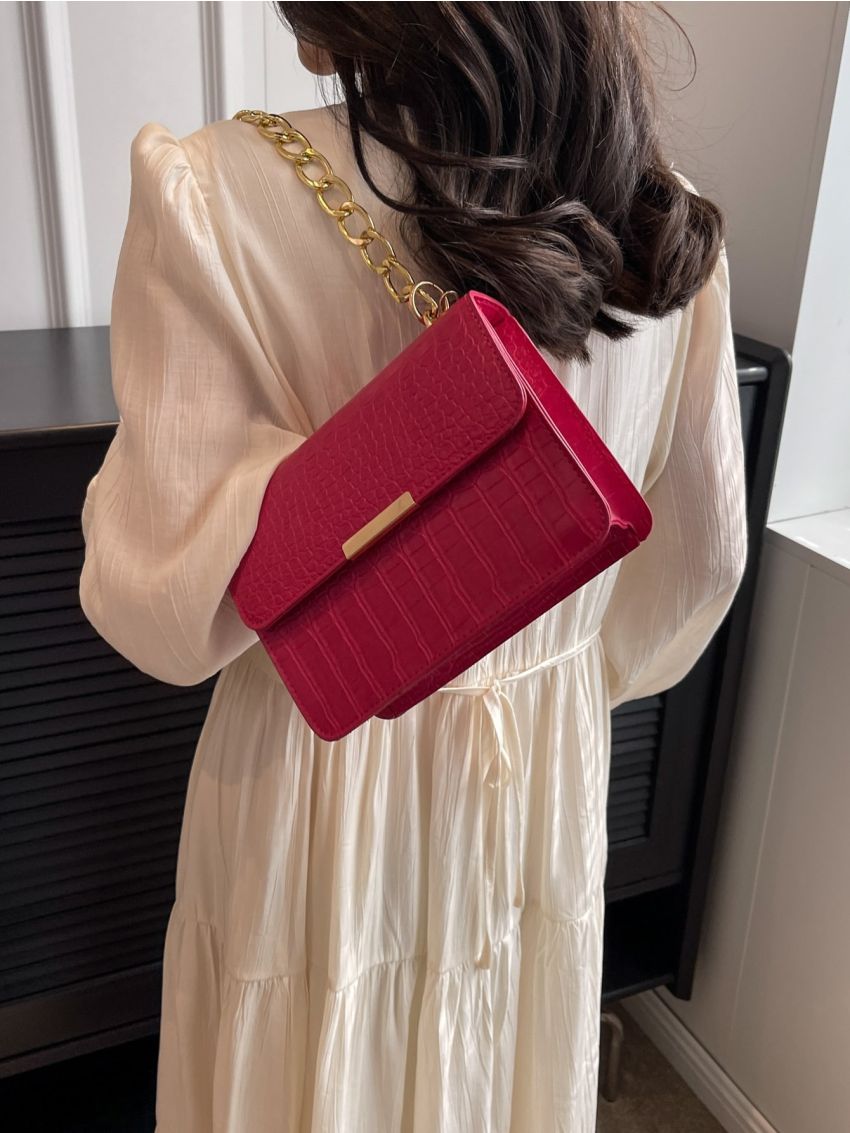 Small Flap Square Bag Crocodile Embossed Chain Decor