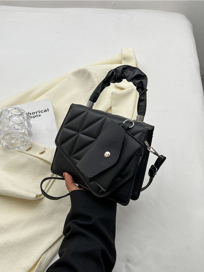 Quilted Square Bag With Coin Purse Ruched Handle Black