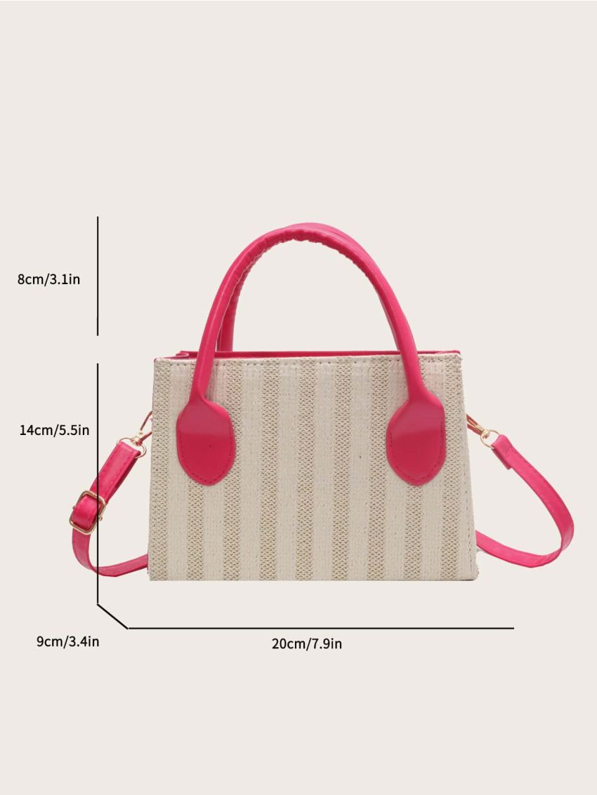 Vacation Straw Bag Two Tone Drawstring Zipper With Double Handle For Shopping