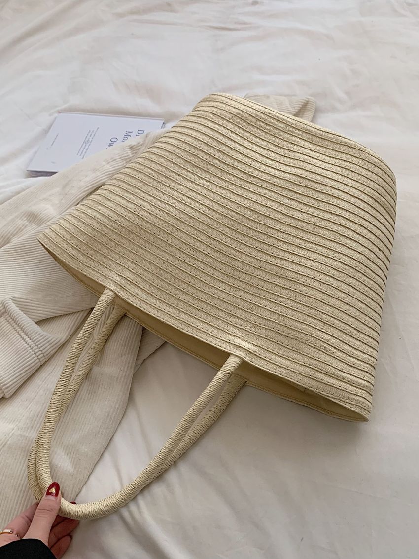 Oversized Straw Bag Pom Pom Decor