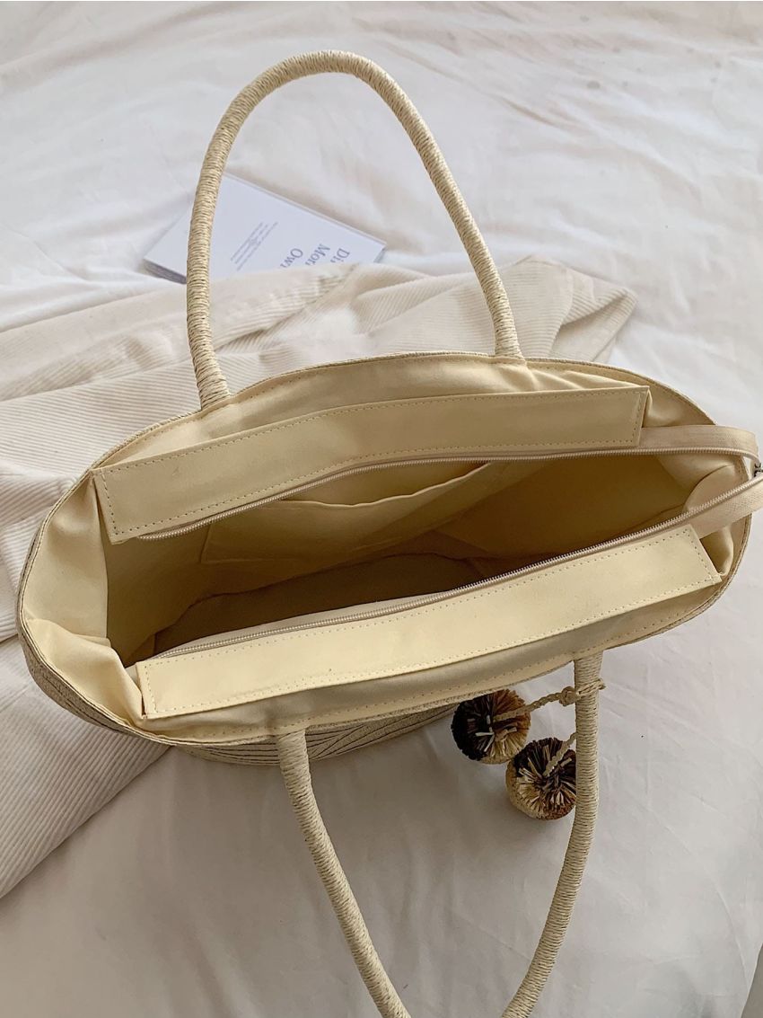 Oversized Straw Bag Pom Pom Decor