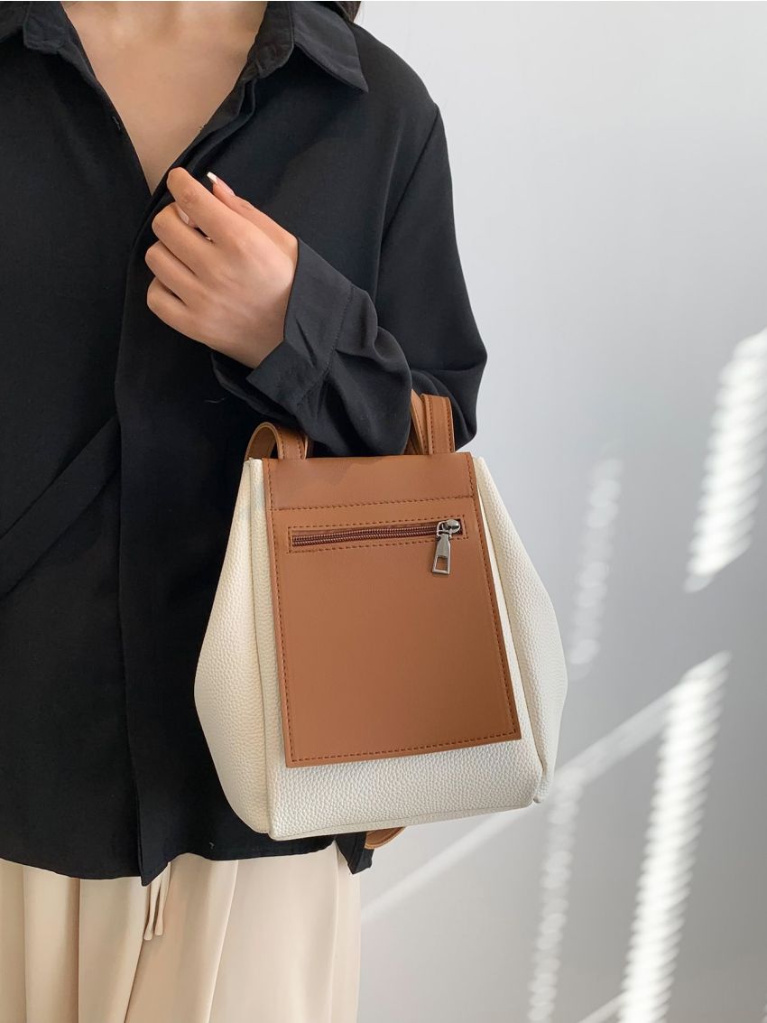 Two Tone Top Handle Bag Zip Front