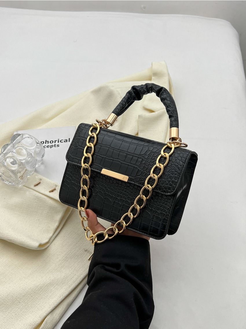 Flap Square Bag Crocodile Embossed Metal Decor Ruched Handle
