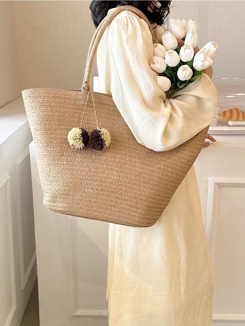 Oversized Straw Bag Pom Pom Decor