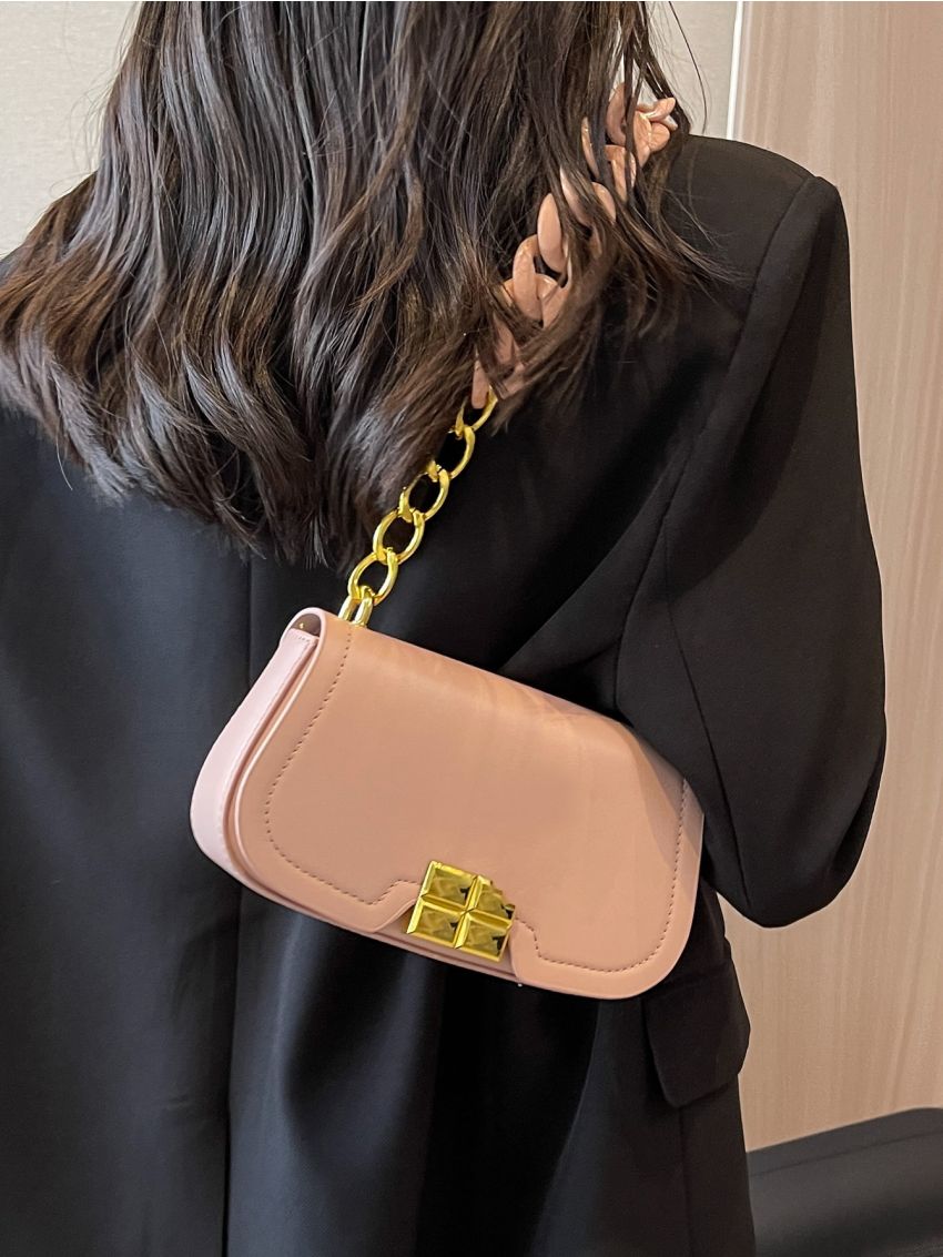 Small Flap Square Bag Metal Decor Stitch Detail