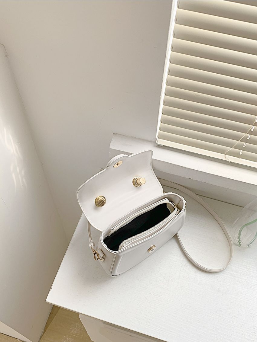 Mini Saddle Bag White Flap Zipper Adjustable-strap PU