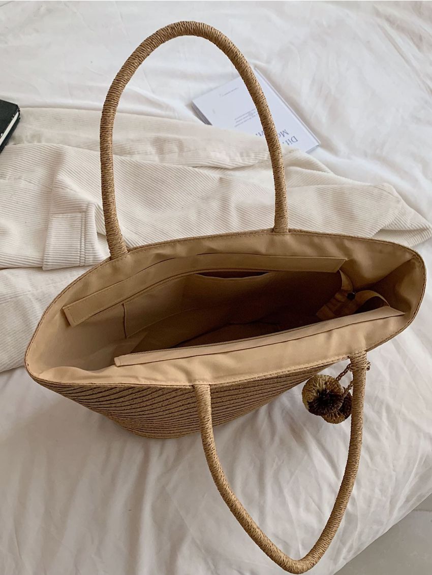 Oversized Straw Bag Pom Pom Decor