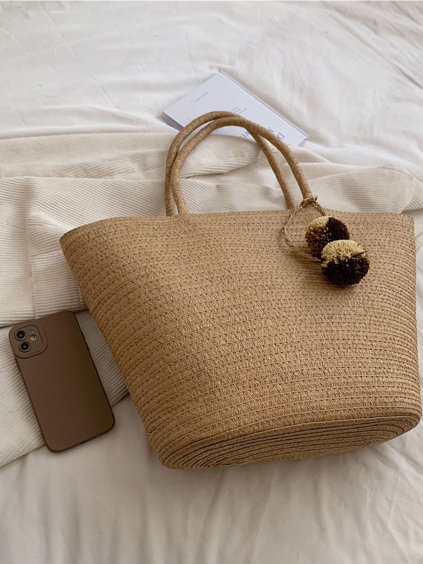 Oversized Straw Bag Pom Pom Decor