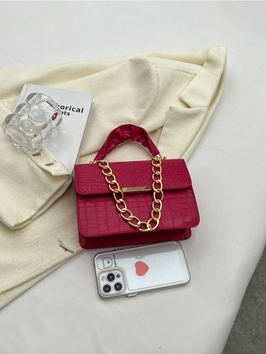 Crocodile Embossed Square Bag Chain Decor Small Neon Pink