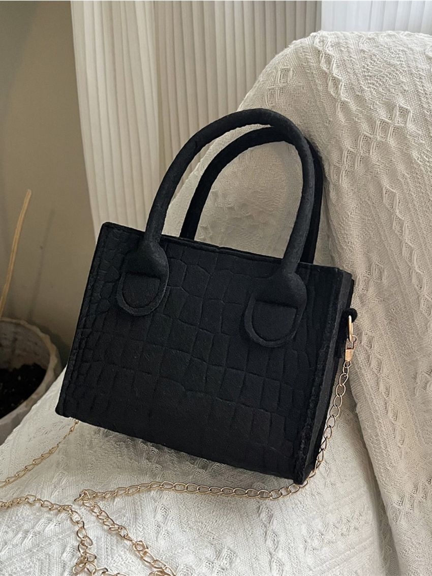 Crocodile Embossed Square Bag Mini Felt Black