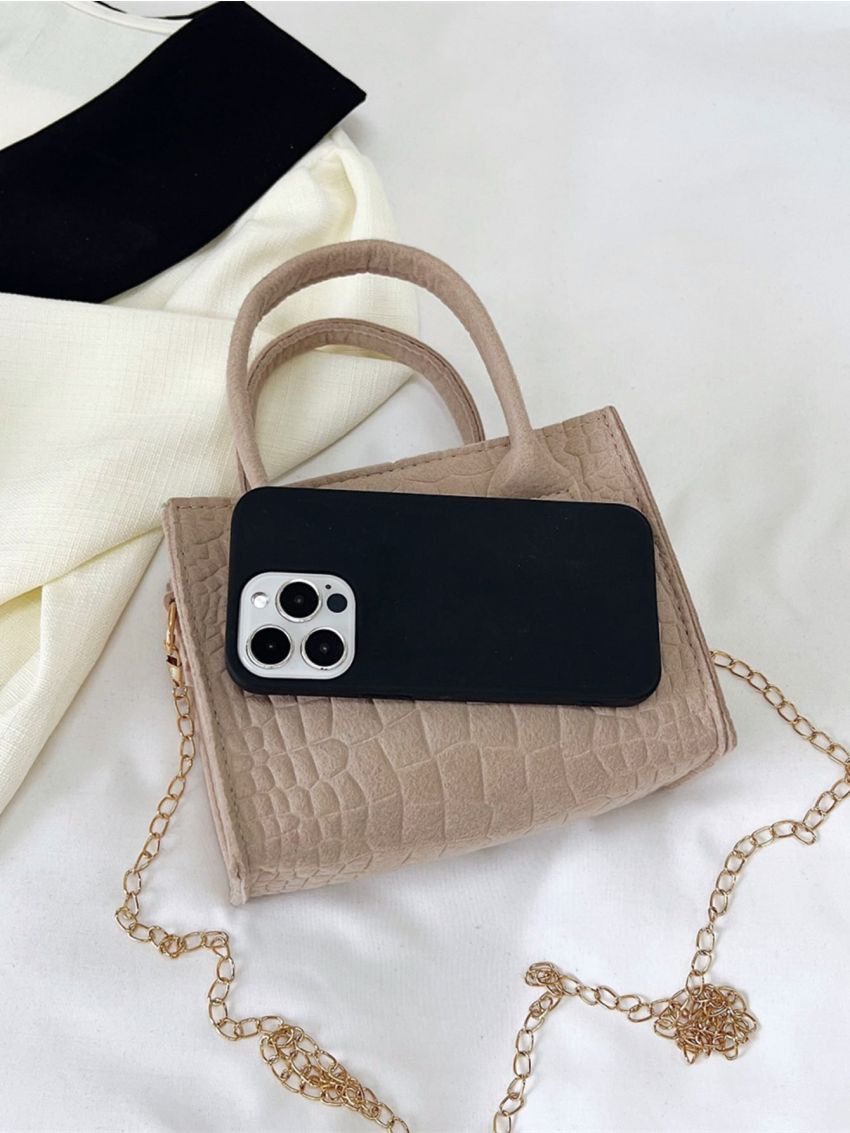 Crocodile Embossed Square Bag Mini Felt Khaki