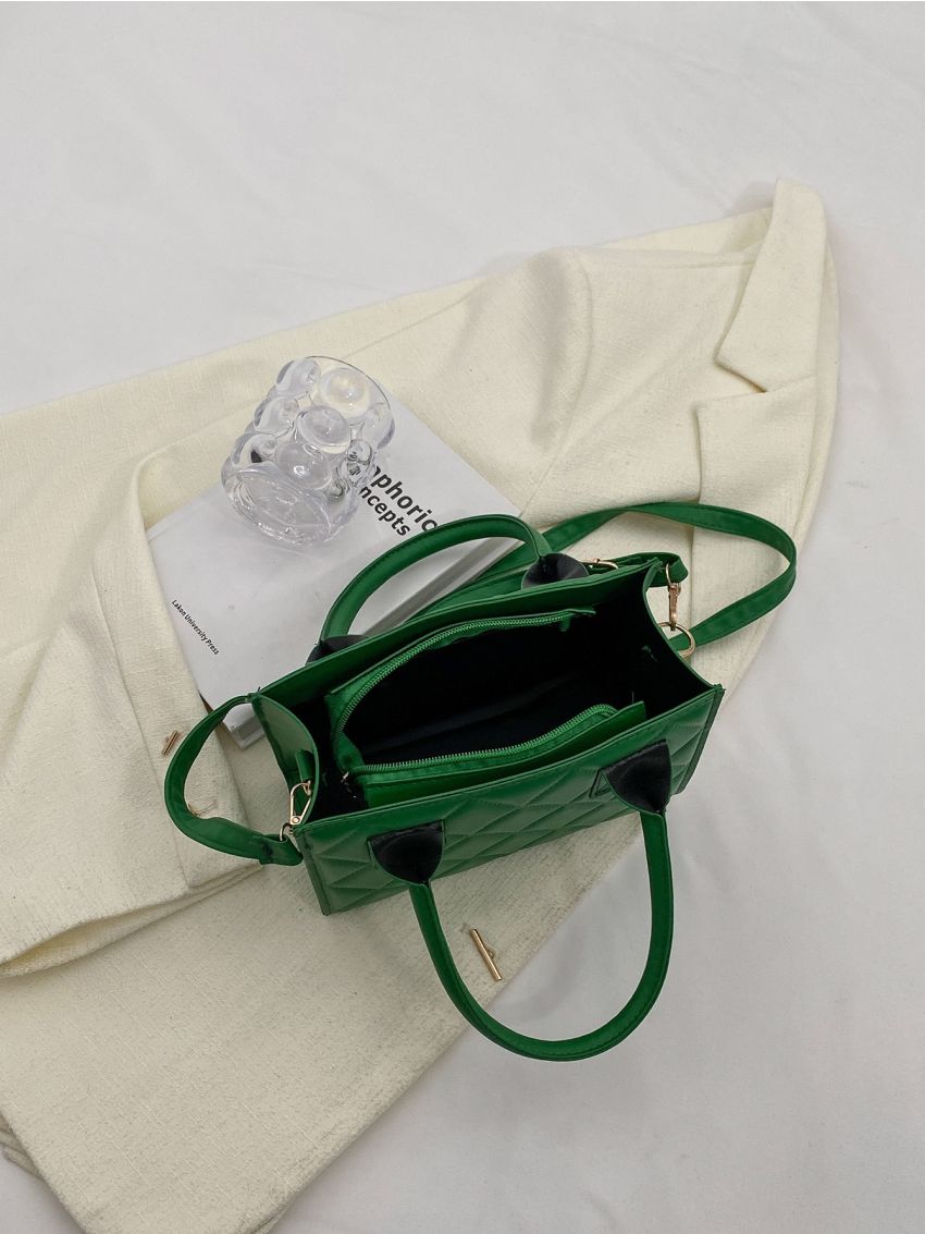 Quilted Square Bag Mini Double Handle Green