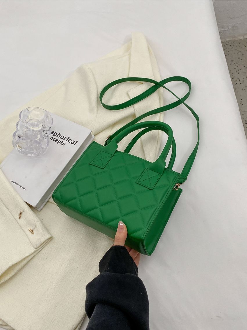 Quilted Square Bag Mini Double Handle Green
