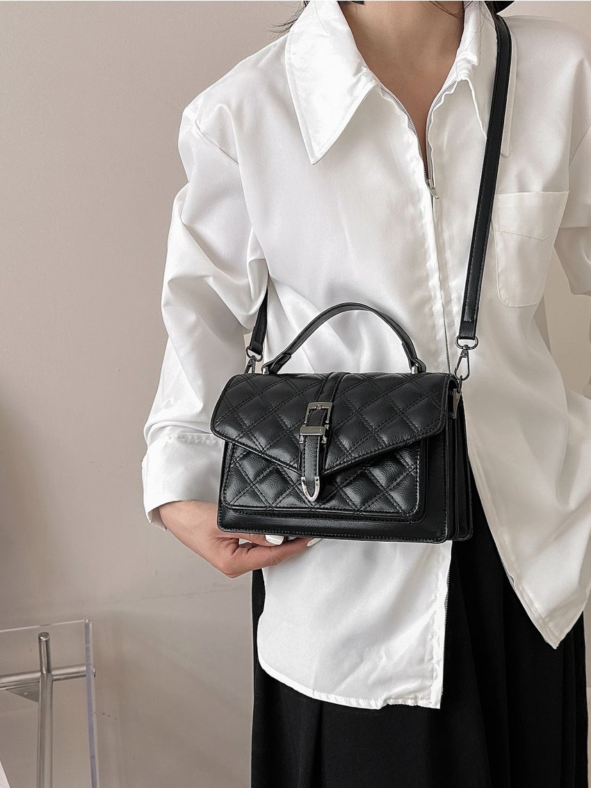 Flap Square Bag Quilted Pattern Buckle Decor
