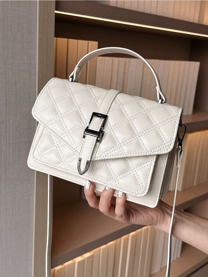Quilted Square Bag Buckle Decor Small White