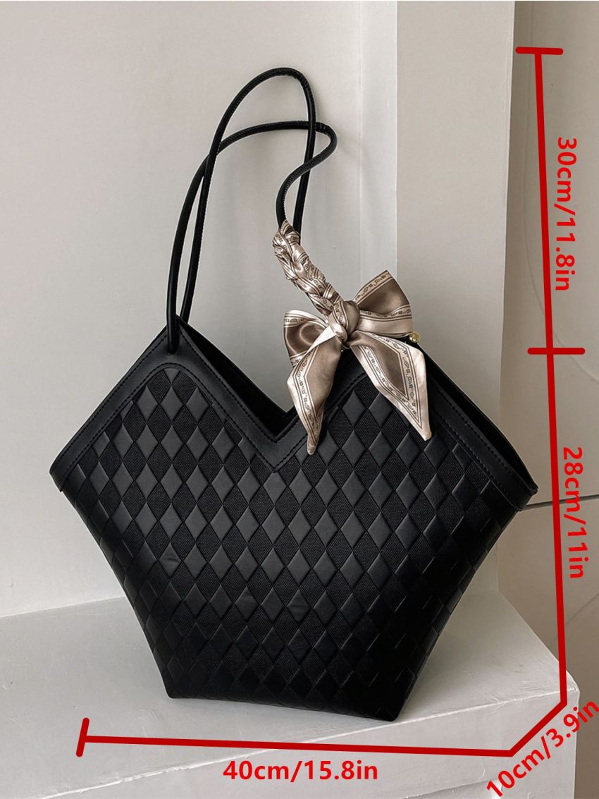 Large Shoulder Tote Bag Geometric Embossed Twilly Scarf Decor Contrast Binding
