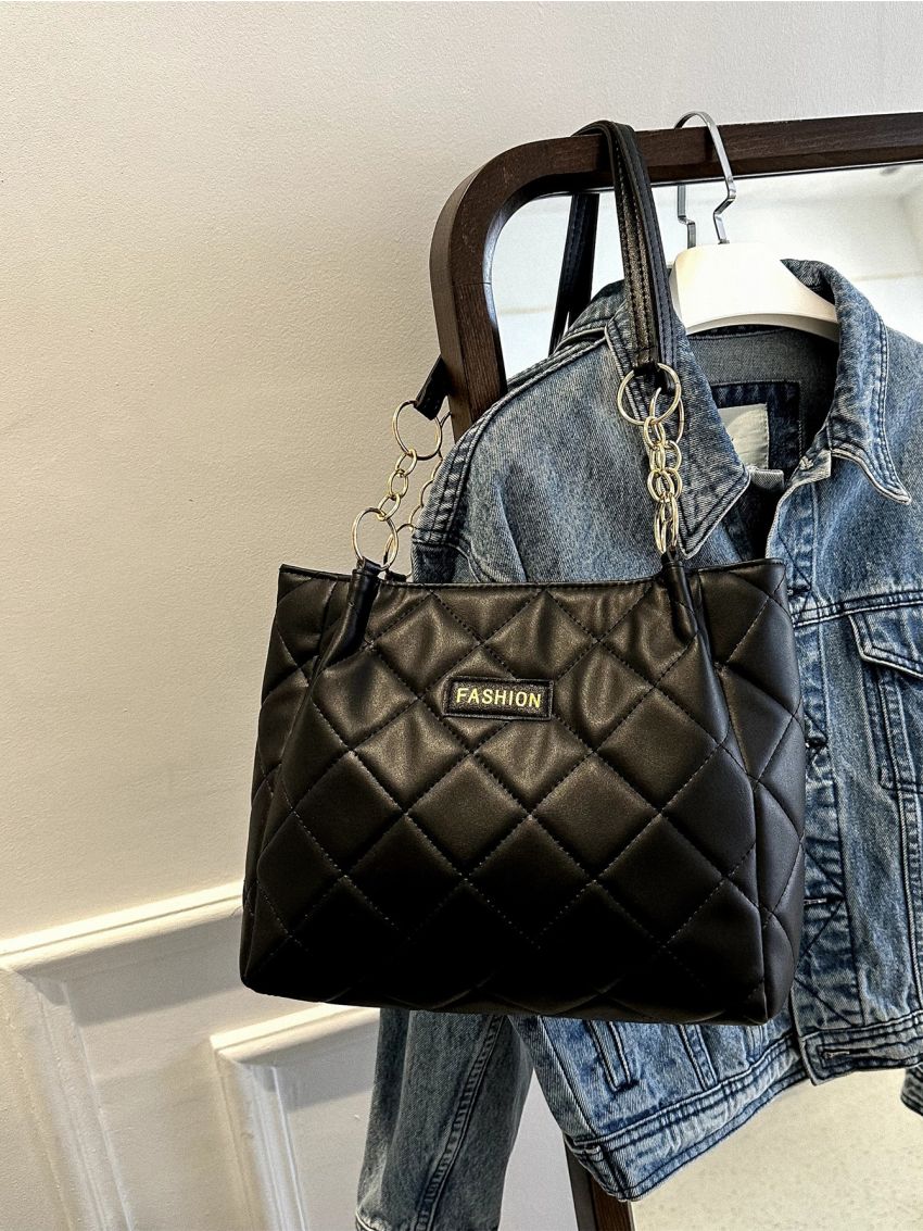 Letter Patch Decor Shoulder Tote Bag Small Black