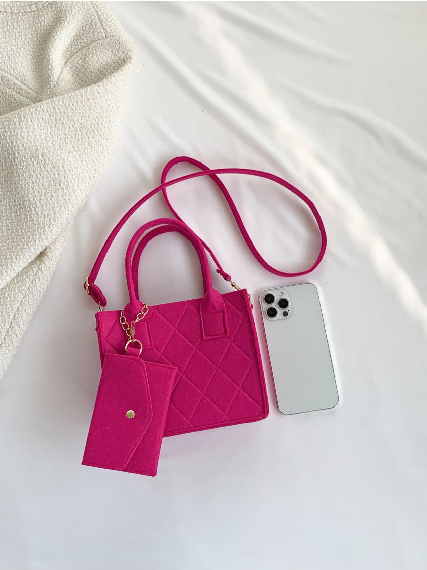 Stitch Detail Square Bag With Coin Purse Neon Pink