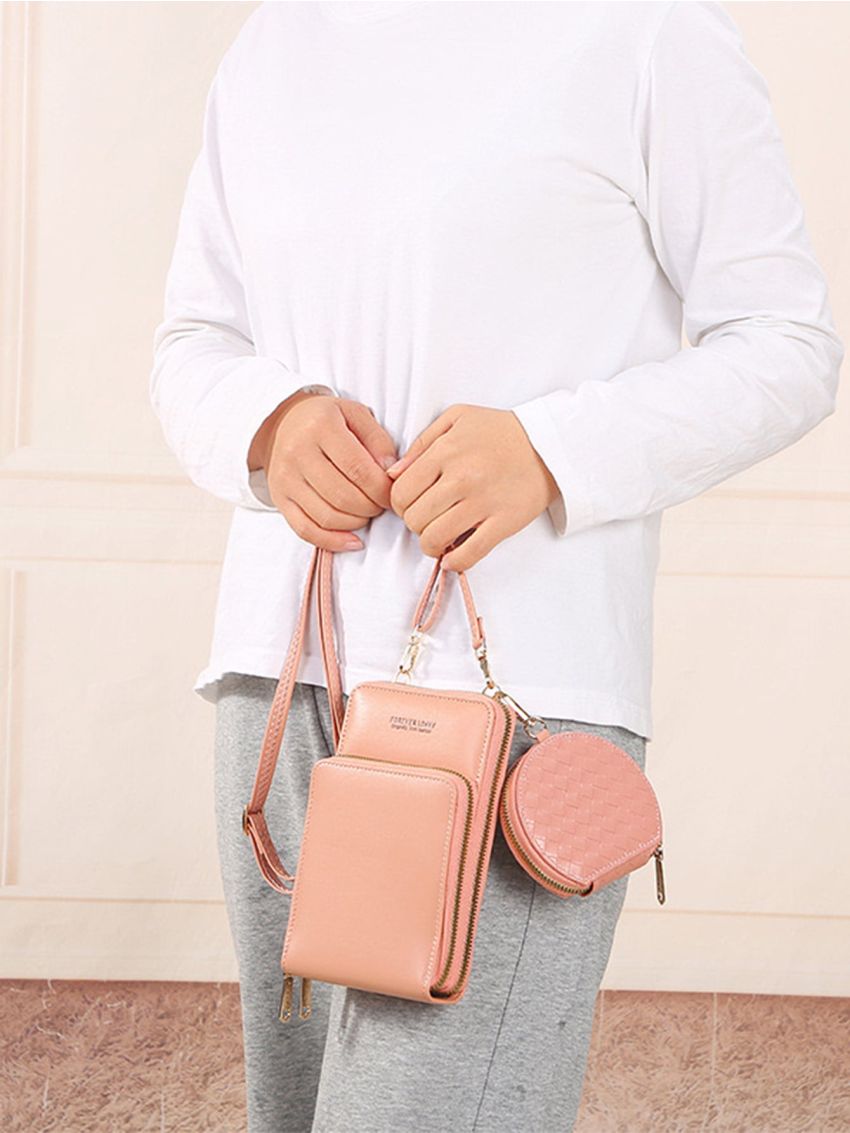 Letter Graphic Phone Wallet With Coin Purse Pink