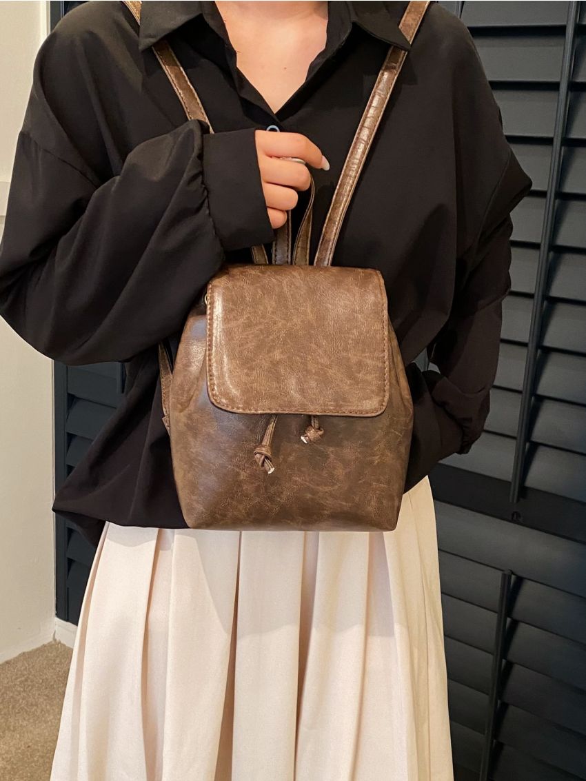 Minimalist Flap Backpack Mini Coffee Brown Vintage