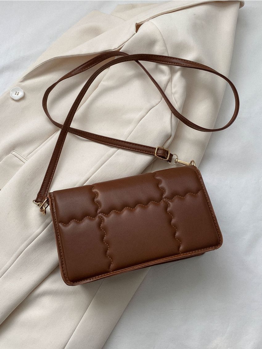 Quilted Square Bag Small Flap Brown