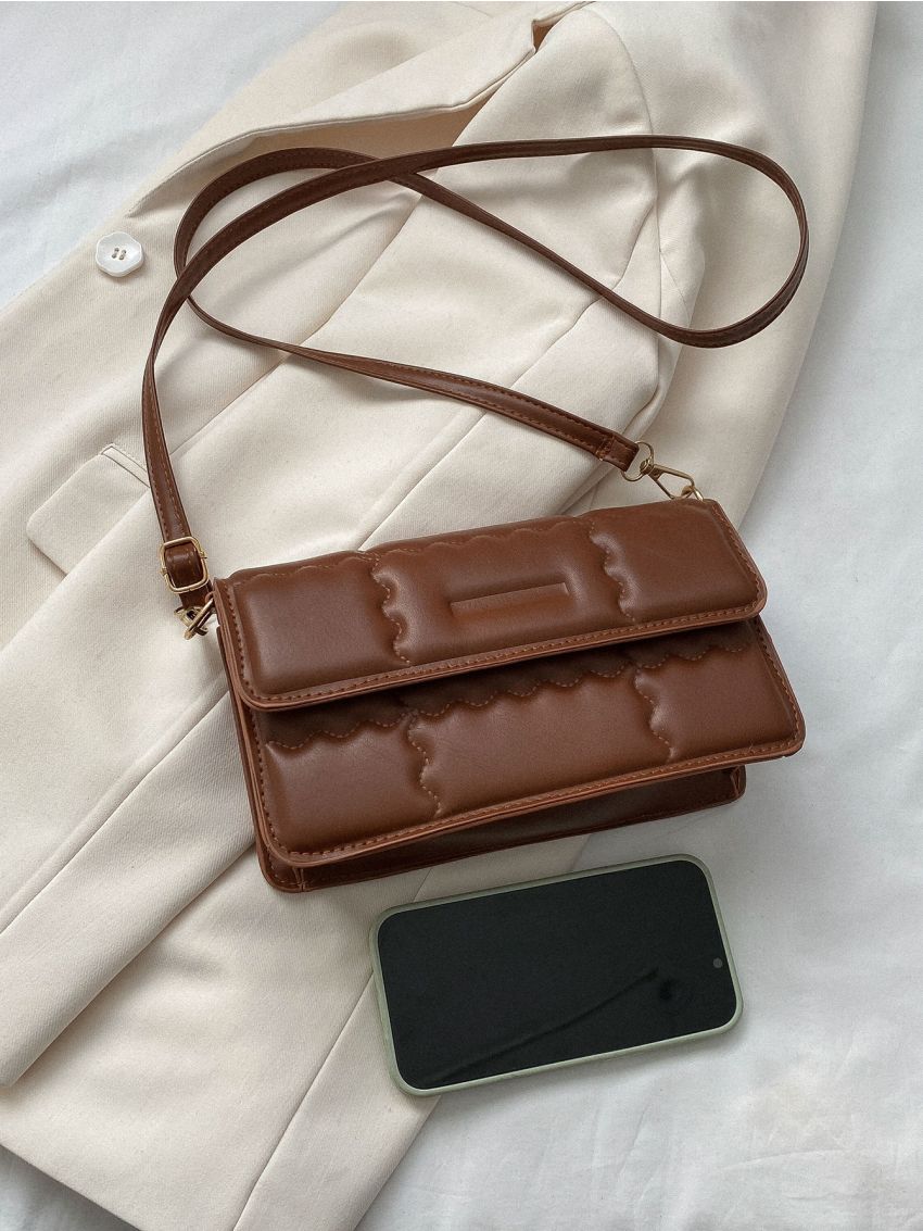 Quilted Square Bag Small Flap Brown