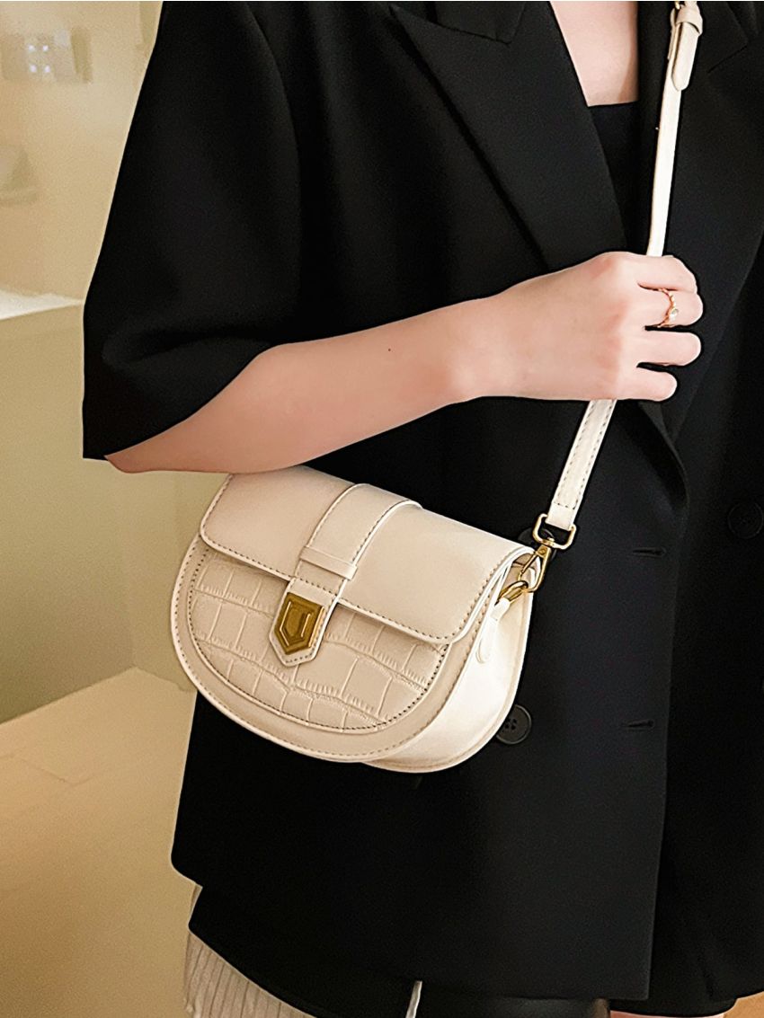 Crocodile Embossed Saddle Bag Small White