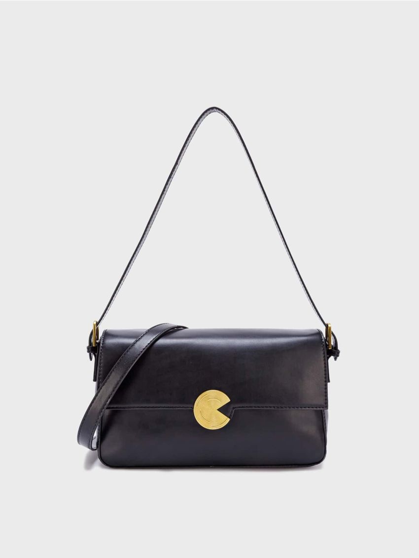 Minimalist Square Bag Flap Metal Decor Black Medium