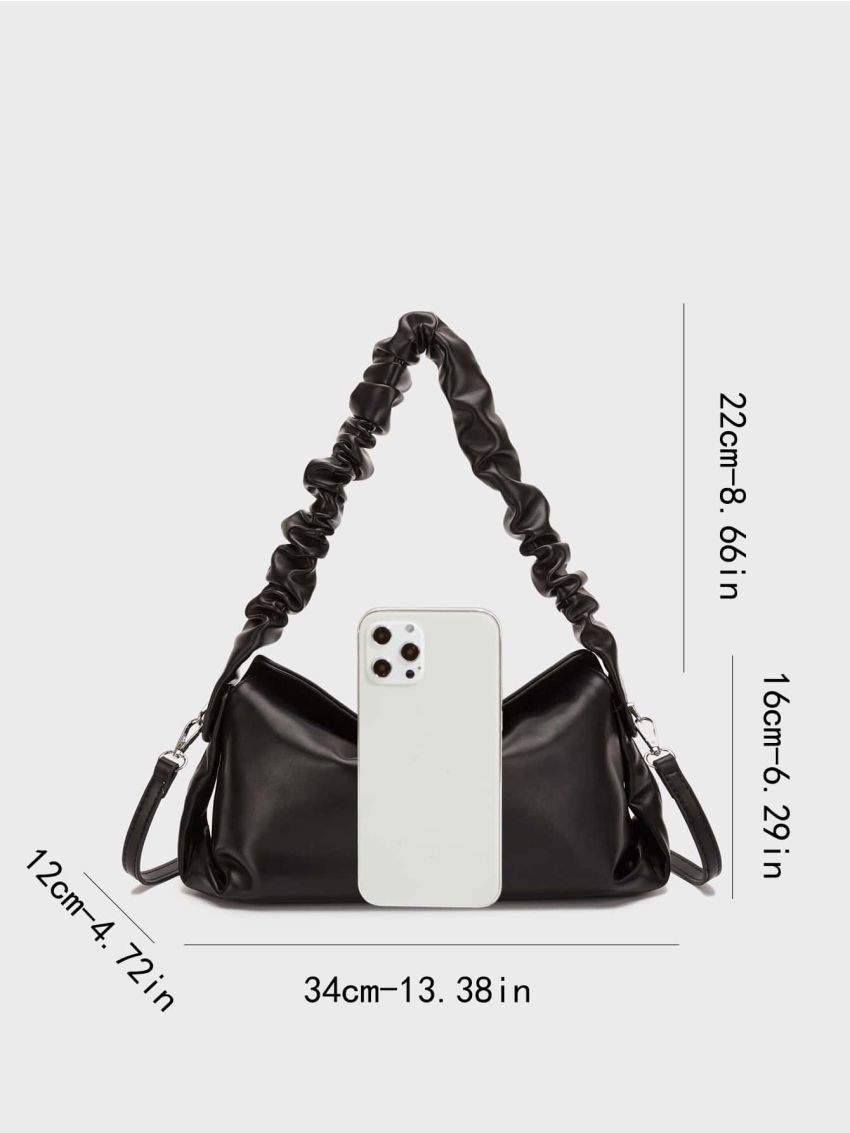 Minimalist Hobo Bag Medium Ruched Handle Black