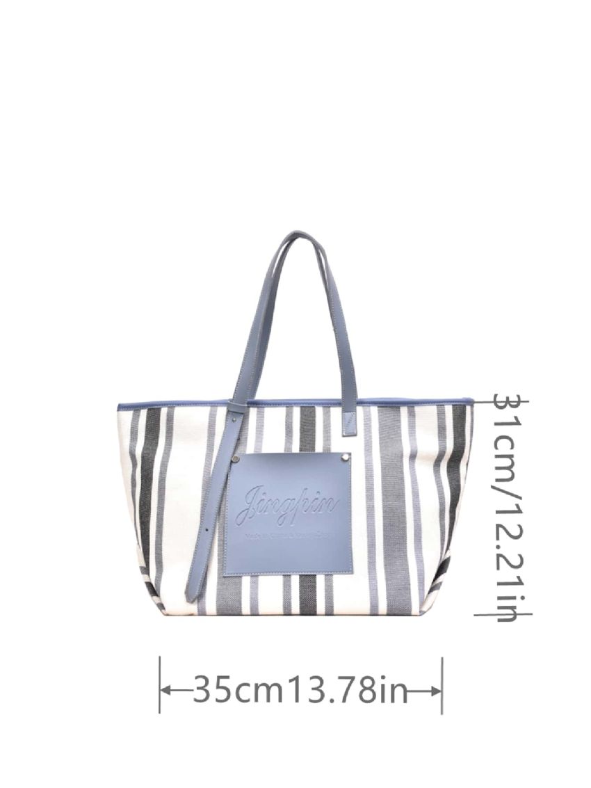 Striped Pattern Shoulder Tote Bag Medium Contrast Binding