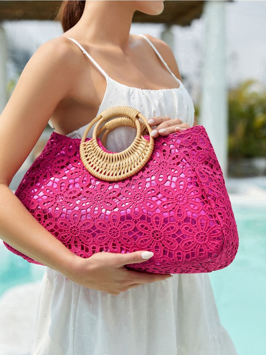 VCAY Guipure Lace Panel Top Handle Bag