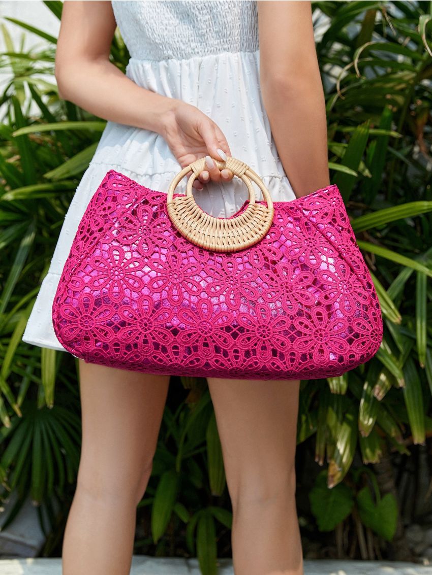 VCAY Guipure Lace Panel Top Handle Bag