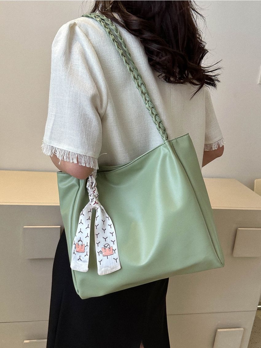 Twilly Scarf Decor Shoulder Tote Bag Braided Detail PU
