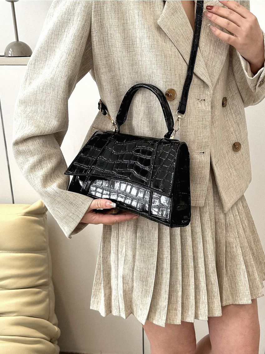 Crocodile Embossed Square Bag Top Handle Fashion
