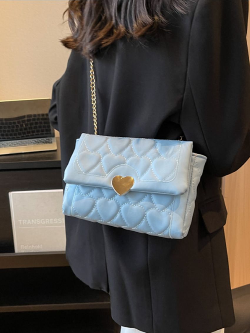 Heart Decor Square Bag Quilted Detail Flap Chain Blue PU Fashionable