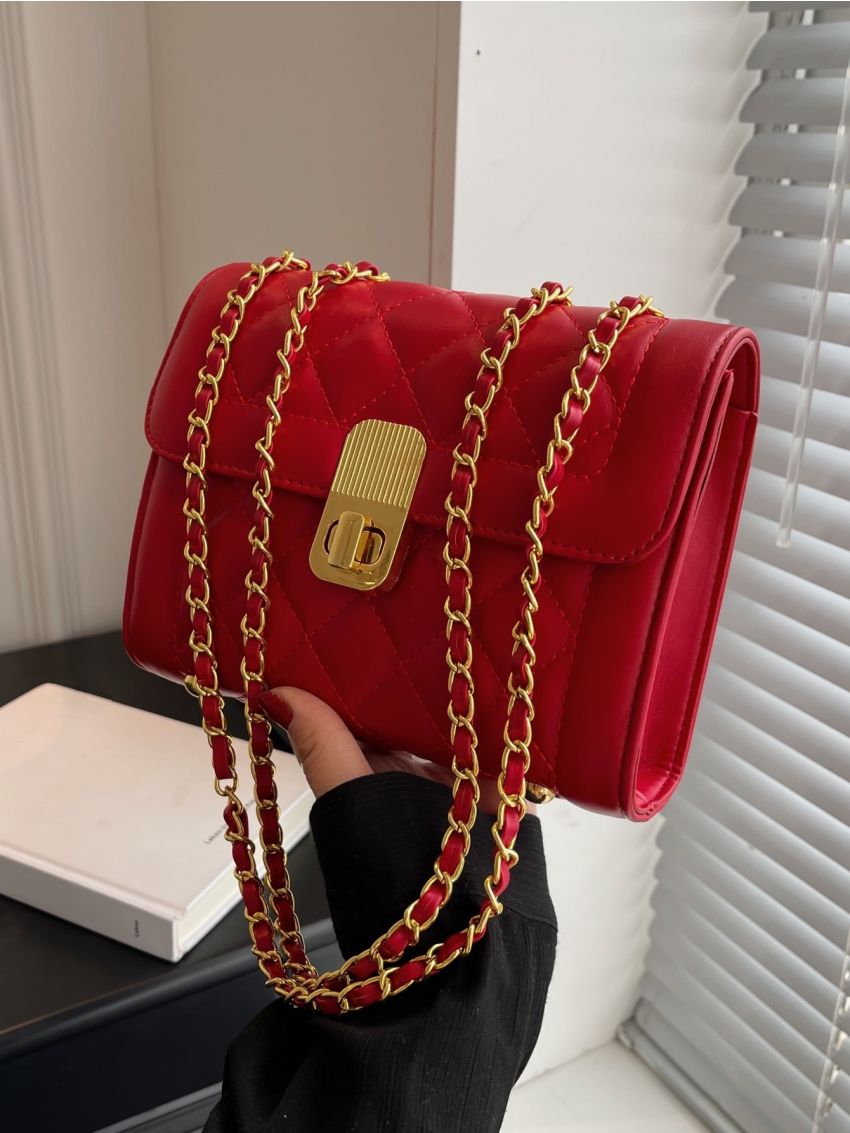 Mini Square Bag Fashionable Argyle Quilted Twist Lock Flap Chain PU