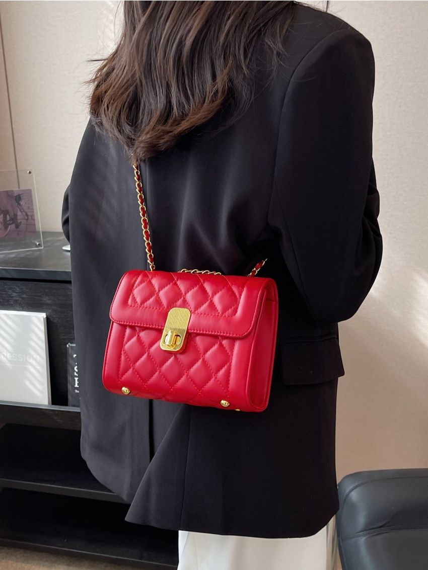 Mini Square Bag Fashionable Argyle Quilted Twist Lock Flap Chain PU