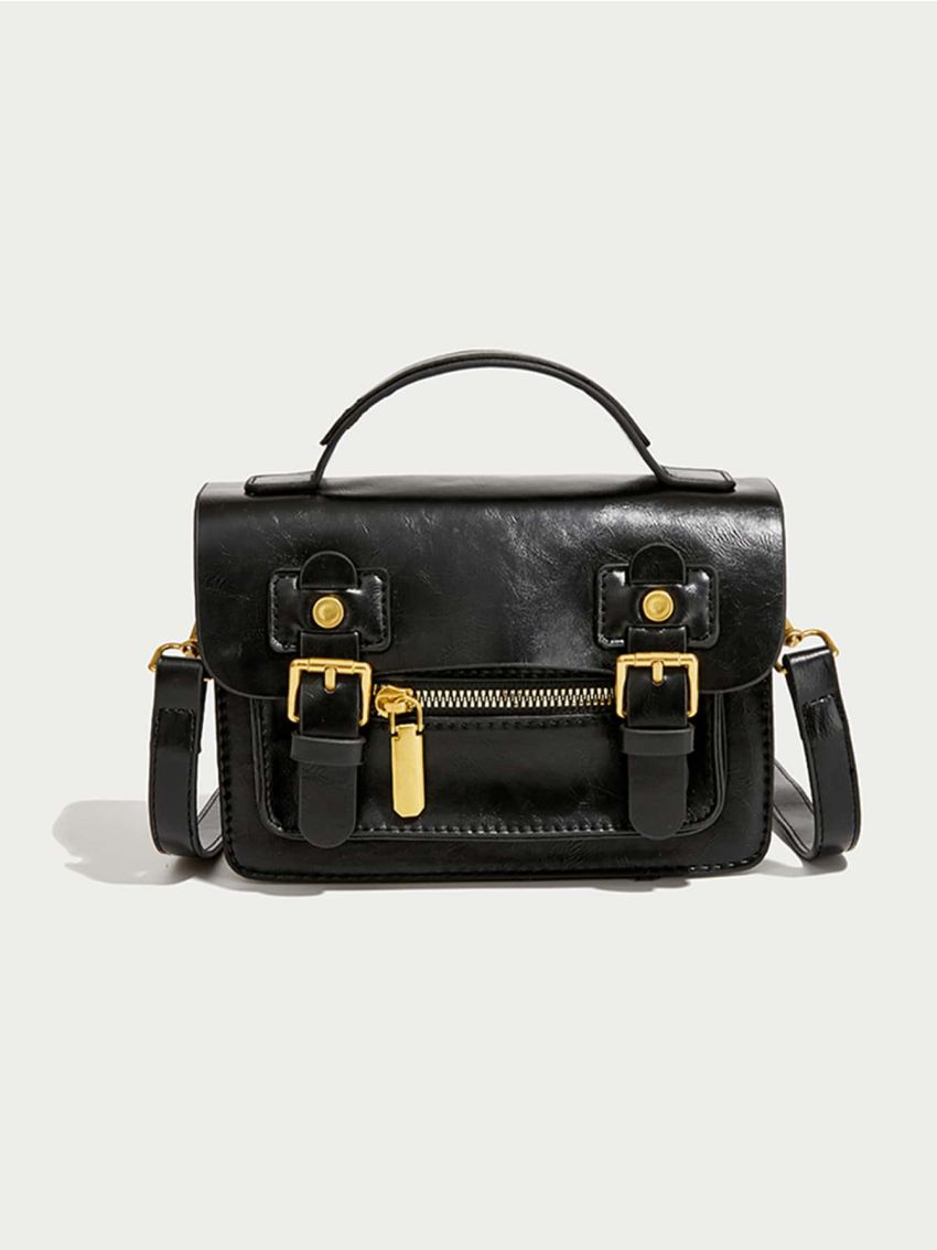 Mini Messenger Bag Vintage Buckle Decor Top Handle Flap PU