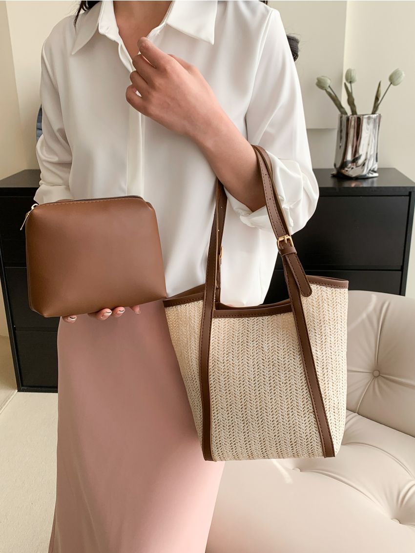 Colorblock Straw Bag Double Handle With Inner Pouch For Vacation