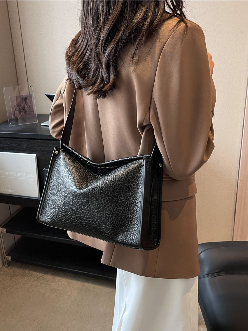 Litchi Embossed Hobo Bag Black PU Elegant