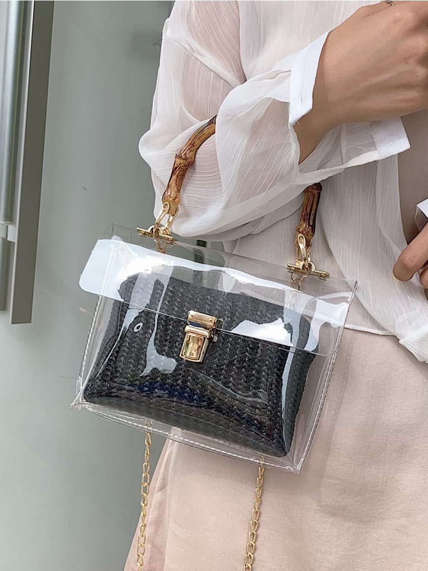 Flap Square Bag Chain Bamboo Joint Design Top Handle With Inner Pouch Clear PVC Fashionable