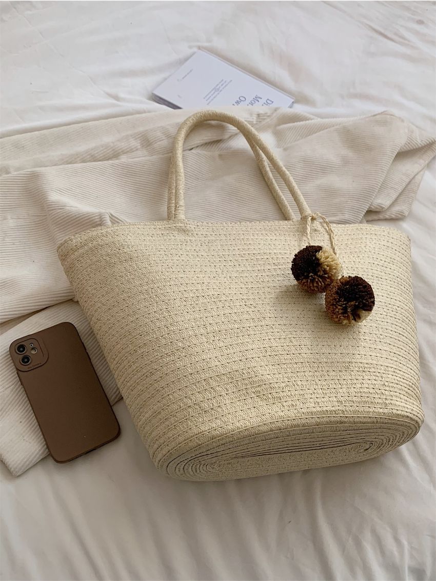 Oversized Straw Bag Pompom Decor Brown Vacation Beach Bag