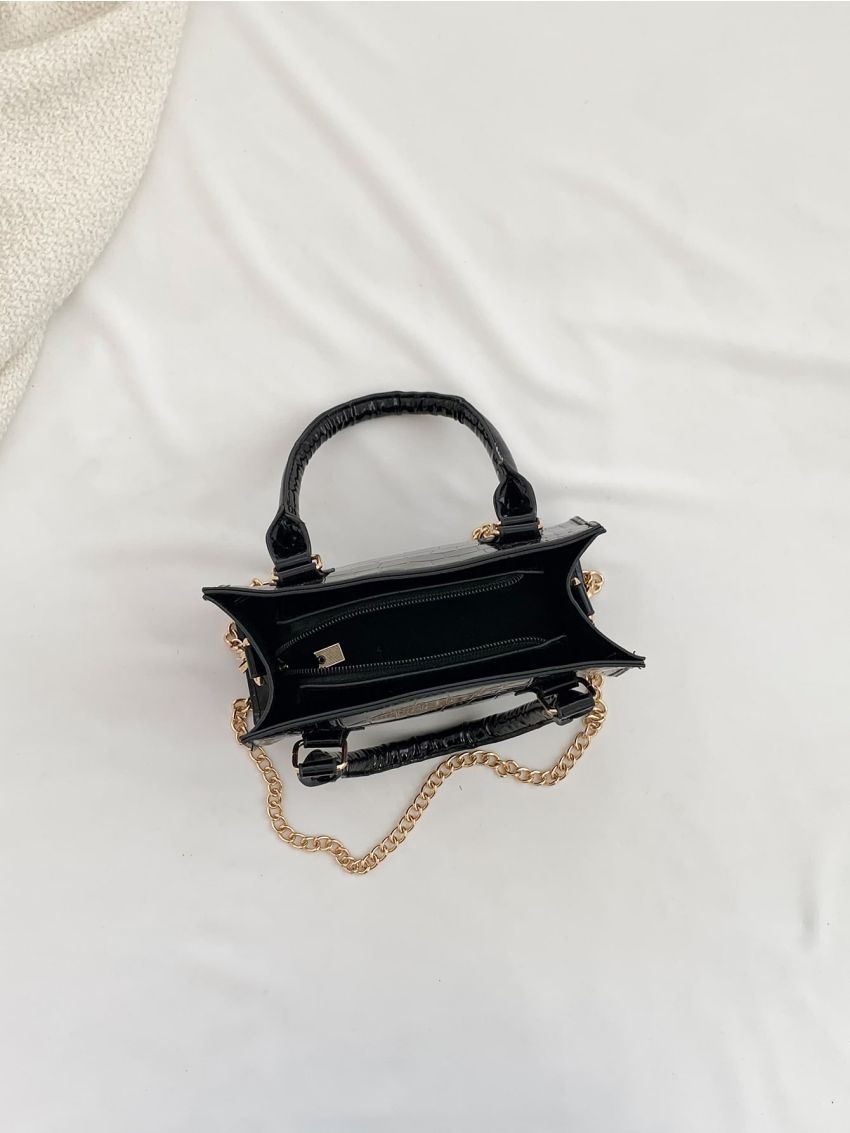 Mini Square Bag Black Crocodile Embossed Double Handle Chain PU