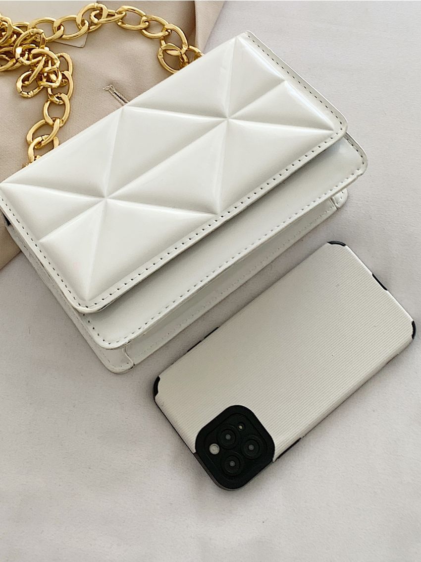 Mini Square Bag Geometric Embossed Flap Chain White PU Elegant