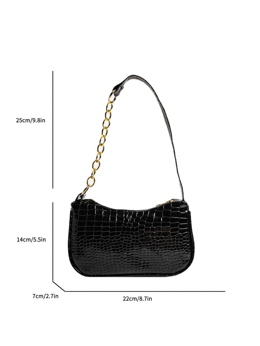 Crocodile Embossed Hobo Bag Chain PU Black
