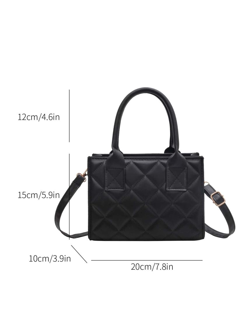 Mini Square Bag With Zipper Quilted Detail Double Handle Black PU Elegant