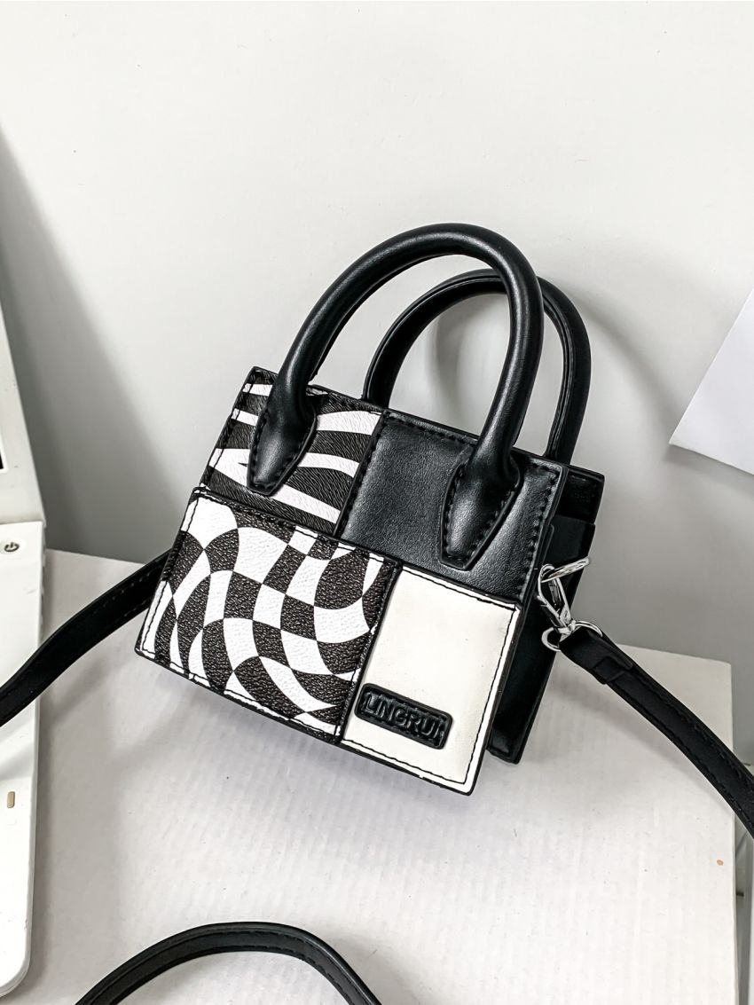 Mini Square Bag Geometric Pattern Double Handle PU Fashionable