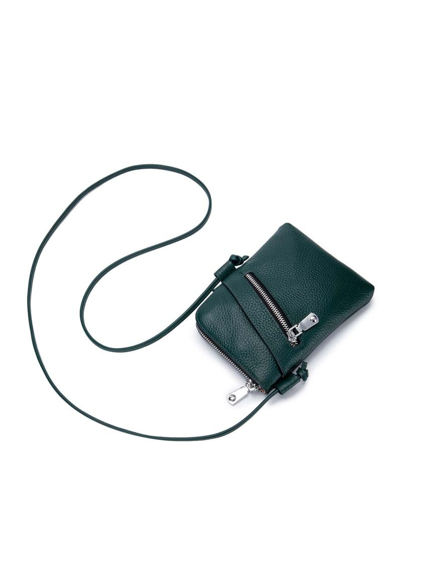 Solid Color Phone Wallet Litchi Embossed With Zipper Green Genuine Leather Casual