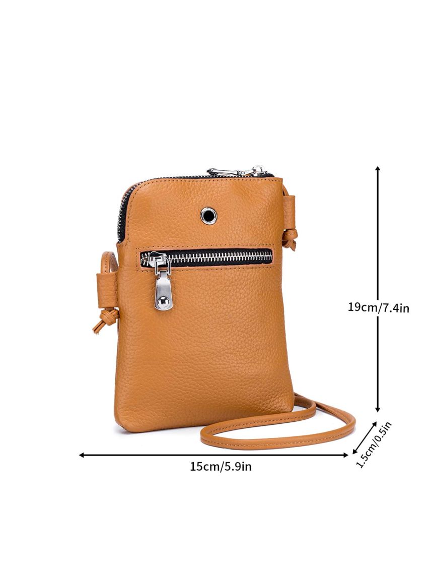 Solid Color Phone Wallet Litchi Embossed With Zipper Genuine Leather Casual