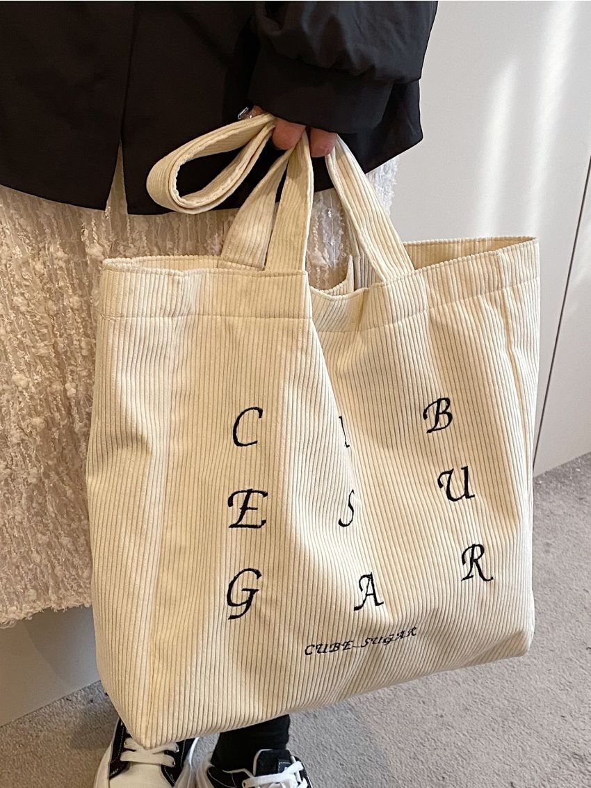 Letter Embroidered Shopper Bag Preppy Polyester